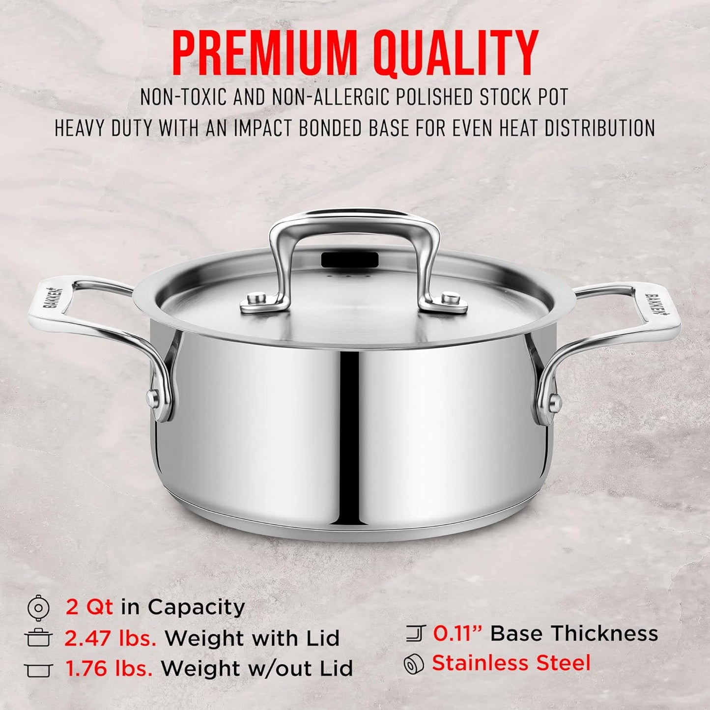 Stainless Steel Stockpot by [Brand Name] - 2 Quart Durable Design with Impact-Bonded Base & Riveted Handles