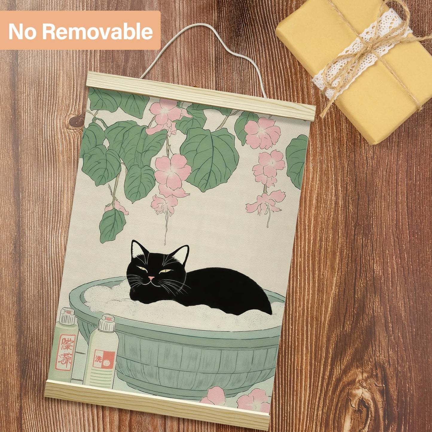 LETUROIA Japanese Cat Bathroom Poster Hanger Frame - Black Cat Aesthetic Canvas Wall Art (12x16") for Home Spa Decor