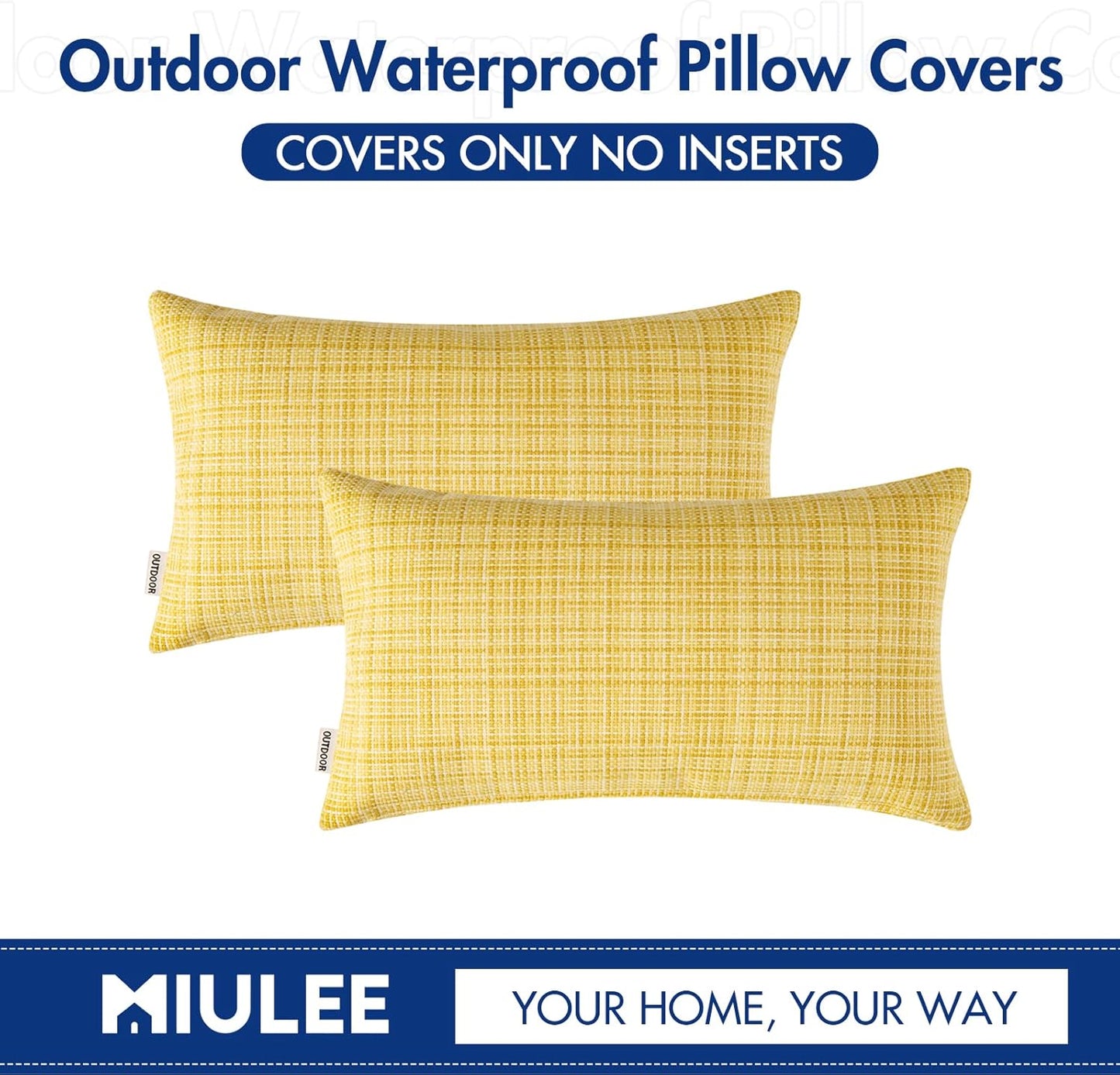 MIULEE Outdoor Waterproof Throw Pillow Covers - Decorative Farmhouse Cushion Covers | 12x20 Inch Yellow, Pack of 2