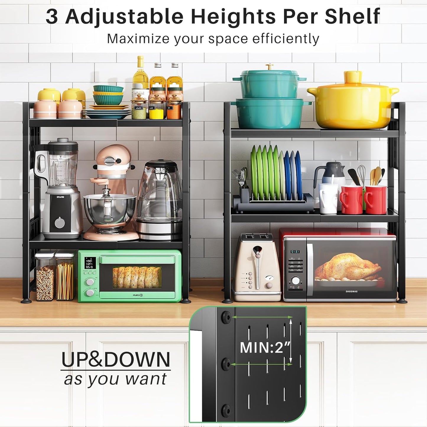 Microwave Stand - 3-Tier Expandable Heavy Duty Adjustable Shelf | Kitchen Organizer with Hooks & Cutting Board Holder, Black