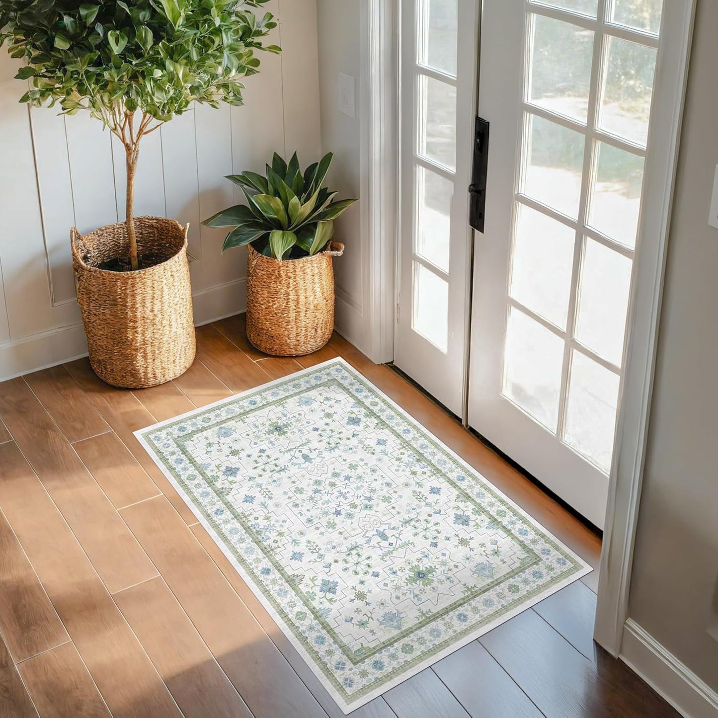 Oushak Washable Boho Bathroom Rug - Small 2x3 Area Rug in Blue and Green | Non-Slip, Stain Resistant, Low Pile
