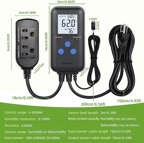DIGITEN Digital Humidity Controller - Pre-Wired Humidistat with Temperature Display | Dual-Stage Outlet for Reptiles, Greenhouses, and Grow Tents