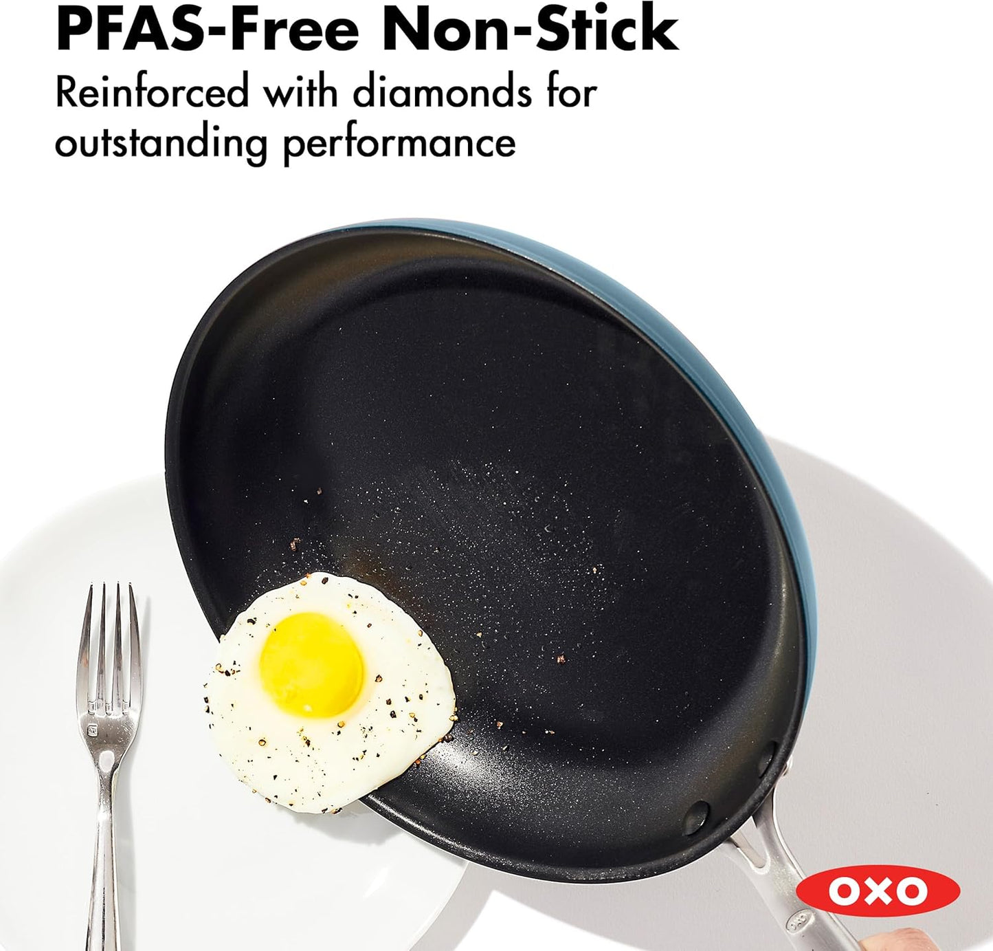 OXO 12” Nonstick Frying Pan Skillet - Durable Ceramic PFAS-Free Cookware with Lid, Storm Blue