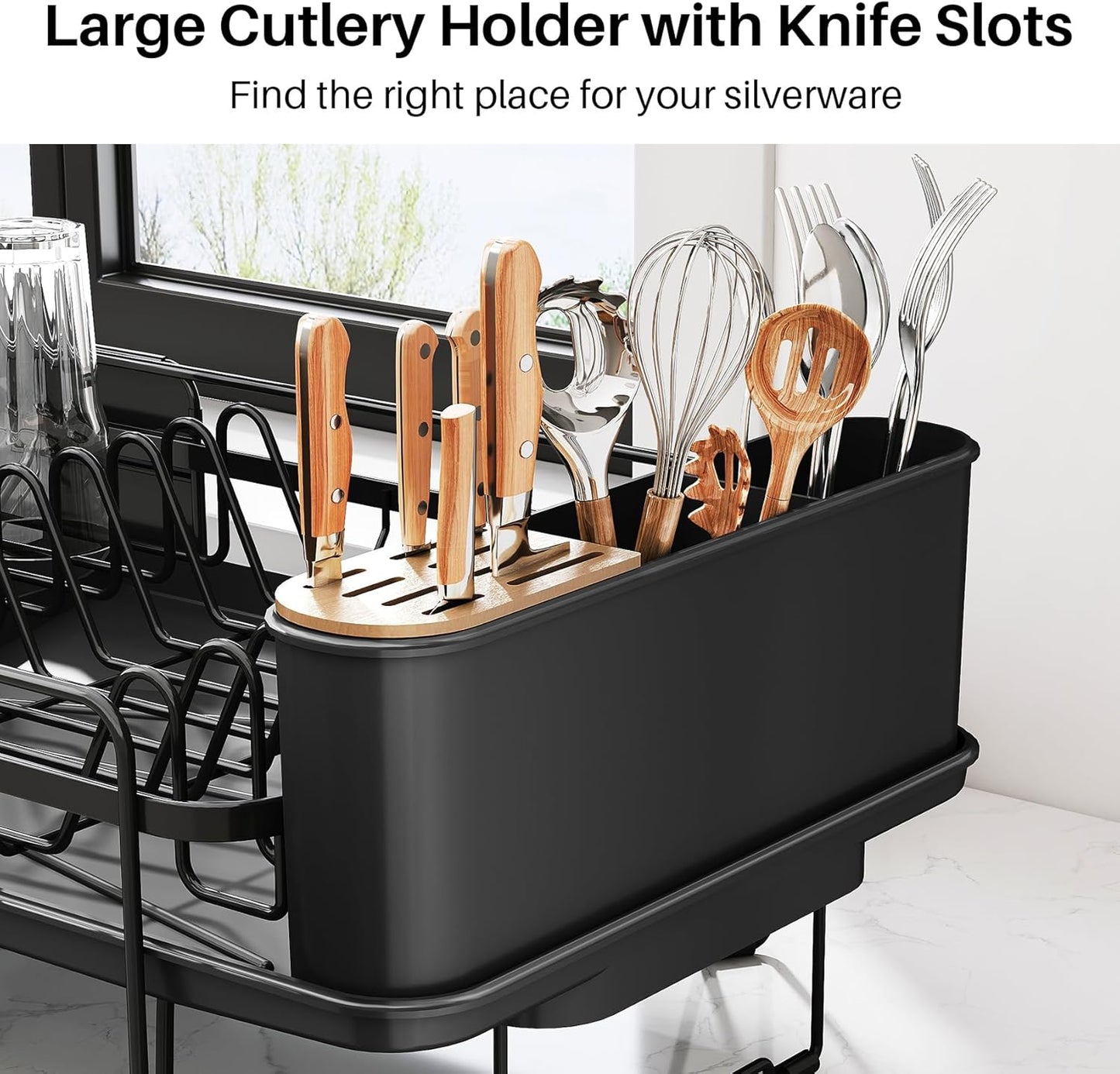SNTD Dish Drying Rack - Expandable Stainless Steel Dish Drainer with Cutlery Holder | Large Black Design