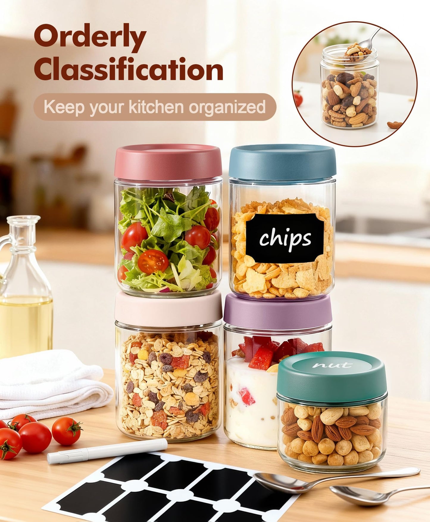 6 pack 10 oz Overnight Oats Containers with Lids and Spoons Glass Jars with Airtight Lids: Wide Mouth Mason Salad Jars, Leakproof and Reusable Glass Food Storage Container for Yogurt Snacks Spice