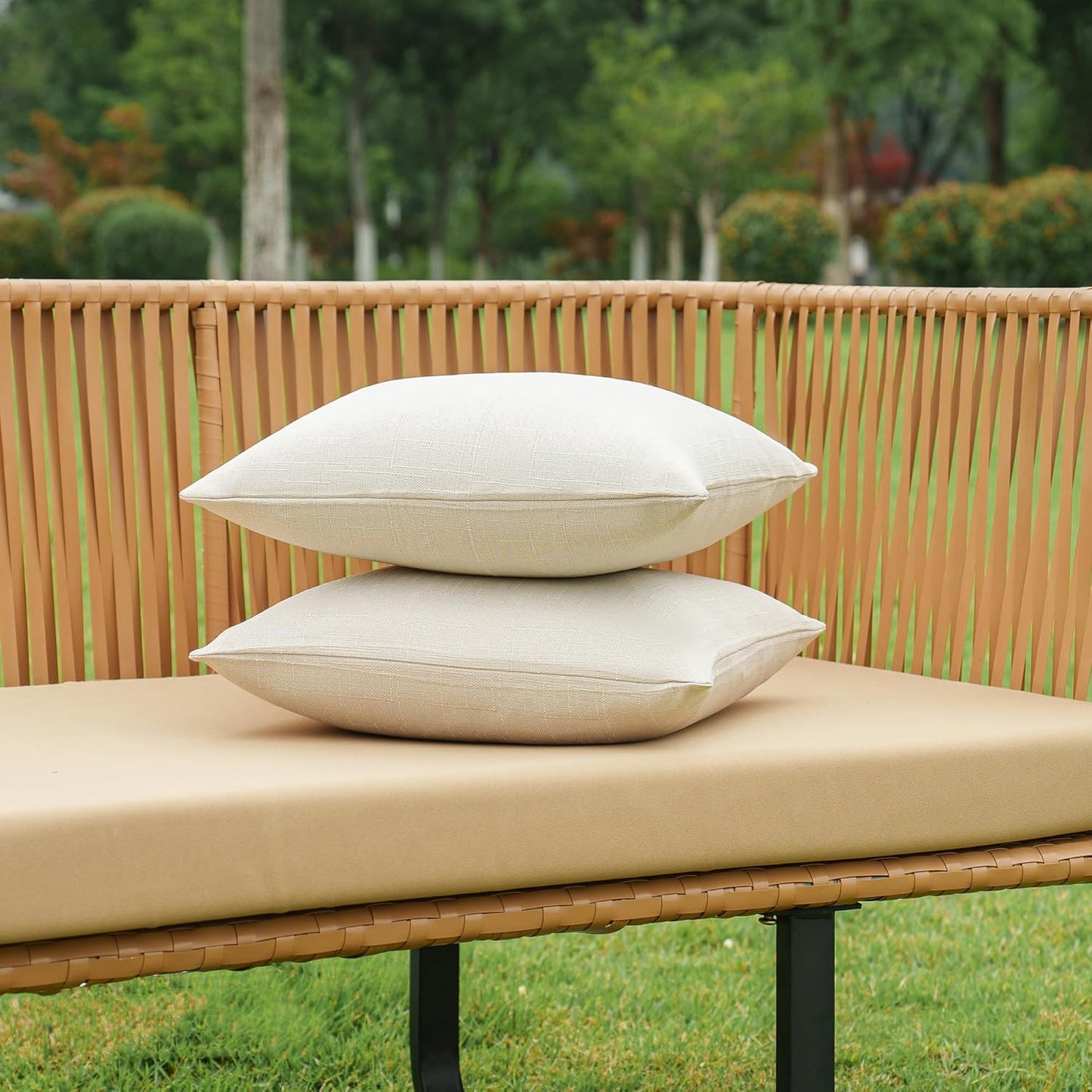 NiNi Decorative Outdoor Pillow Covers - Waterproof Linen Textured Set of 2 | 16x16 Inch Beige Garden Cushions