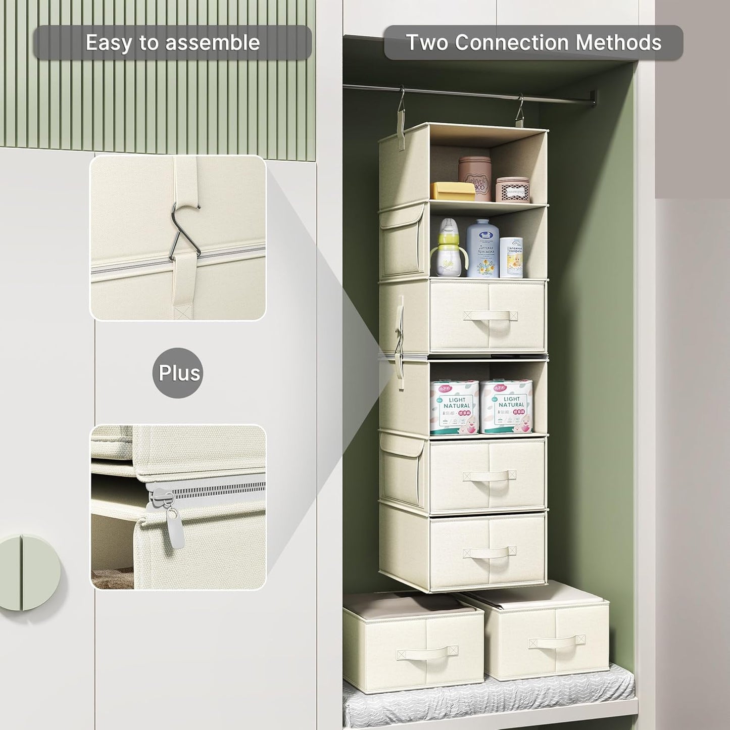 Vailando 6-Shelf Hanging Closet Organizer - 3 Drawers & 2 Separable Units | Beige Wardrobe Storage Solution