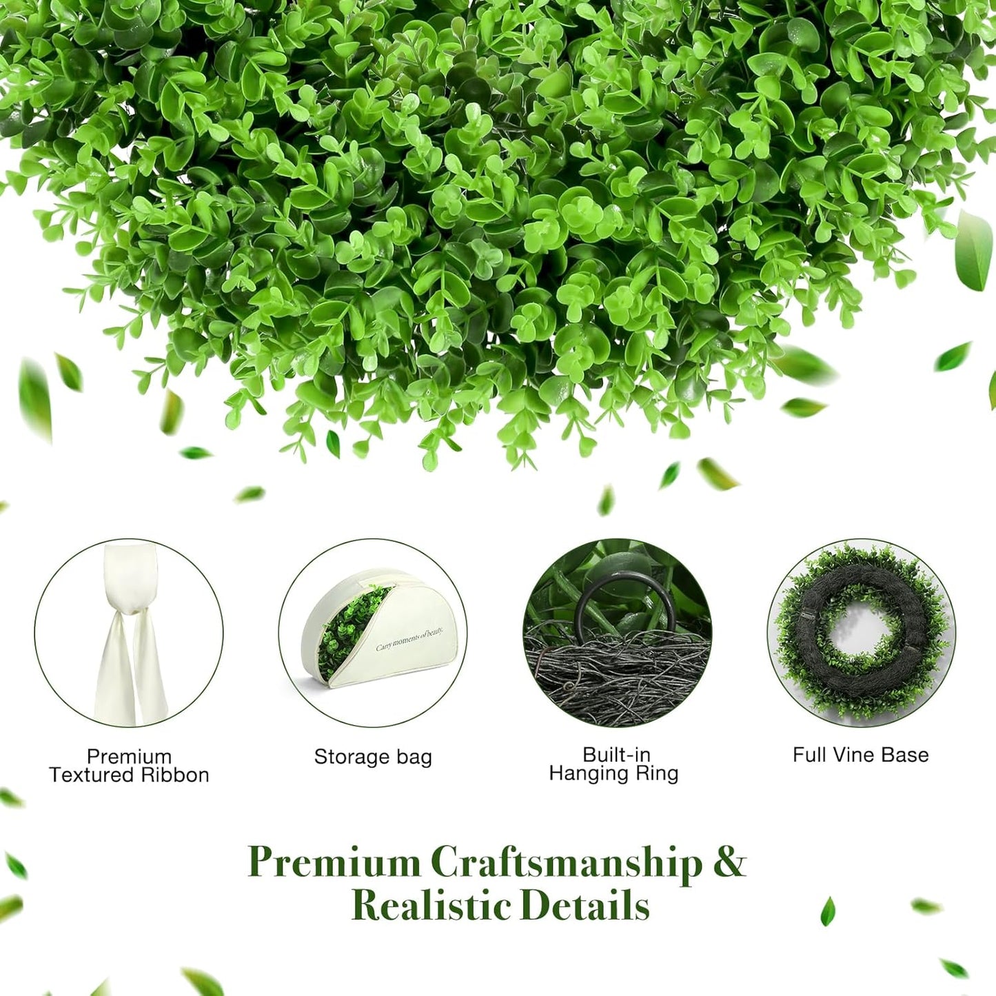 Regine Switzerland 24" Boxwood Wreath - Preserved Greenery with Sash | Perfect Summer Front Door Decor