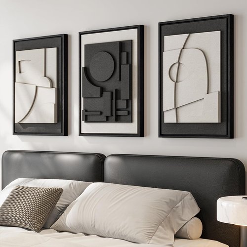3D Textured Black and White Abstract Wall Art by [Brand Name] - Modern 3-Piece Set for Bedroom & Living Room | 16x24 In