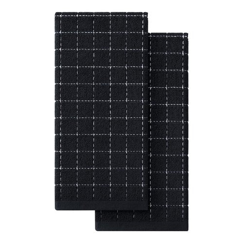 Homaxy 100% Cotton Terry Kitchen Towels(Black, 13 x 28 inches), Checkered Designed, Soft and Super Absorbent Dish Towels, 2 Pack