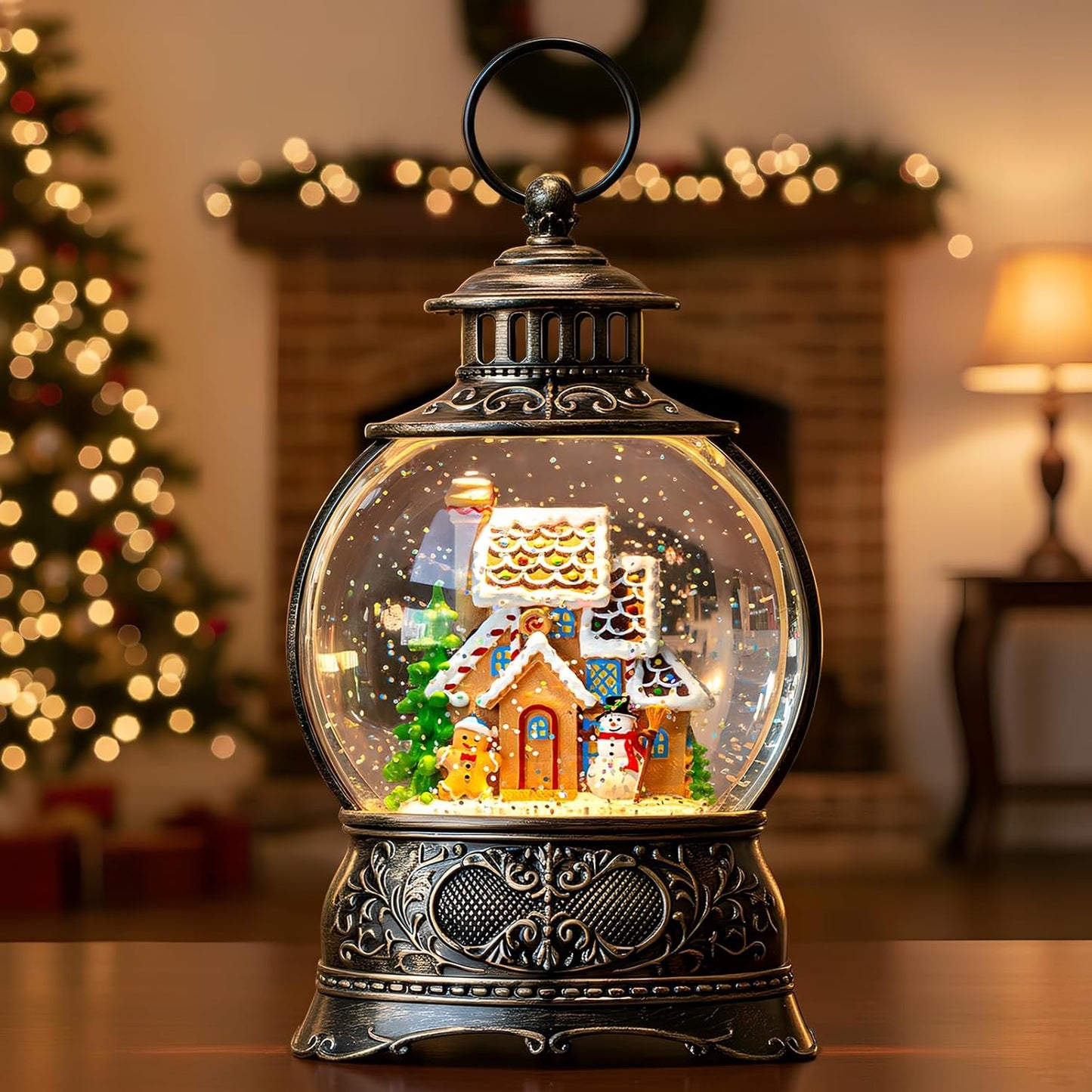 Skiennix Christmas Snow Globe - Gingerbread Man & Snowman Water Lantern with Music & 6H Timer