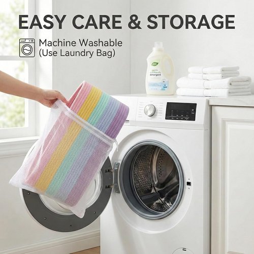 JMvicyroam 65L Extra Large Blanket Basket - Woven Cotton Rope Laundry Hamper with Reinforced Handles | Machine Washable Rainbow Storage Bin for Pillows, Comforters & Toys