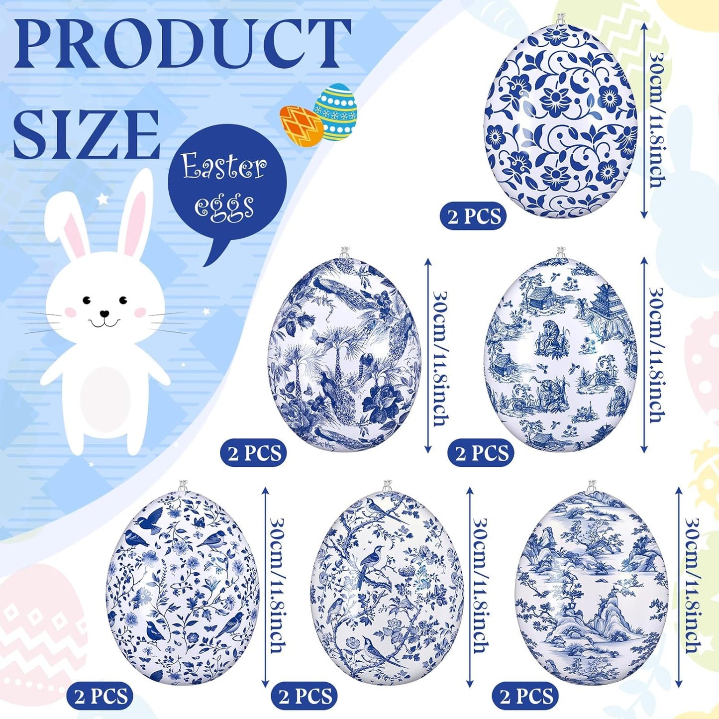 Realspring Inflatable Easter Eggs - 12 Pcs Blue & White Chinoiserie Decor | Large Outdoor Ornaments