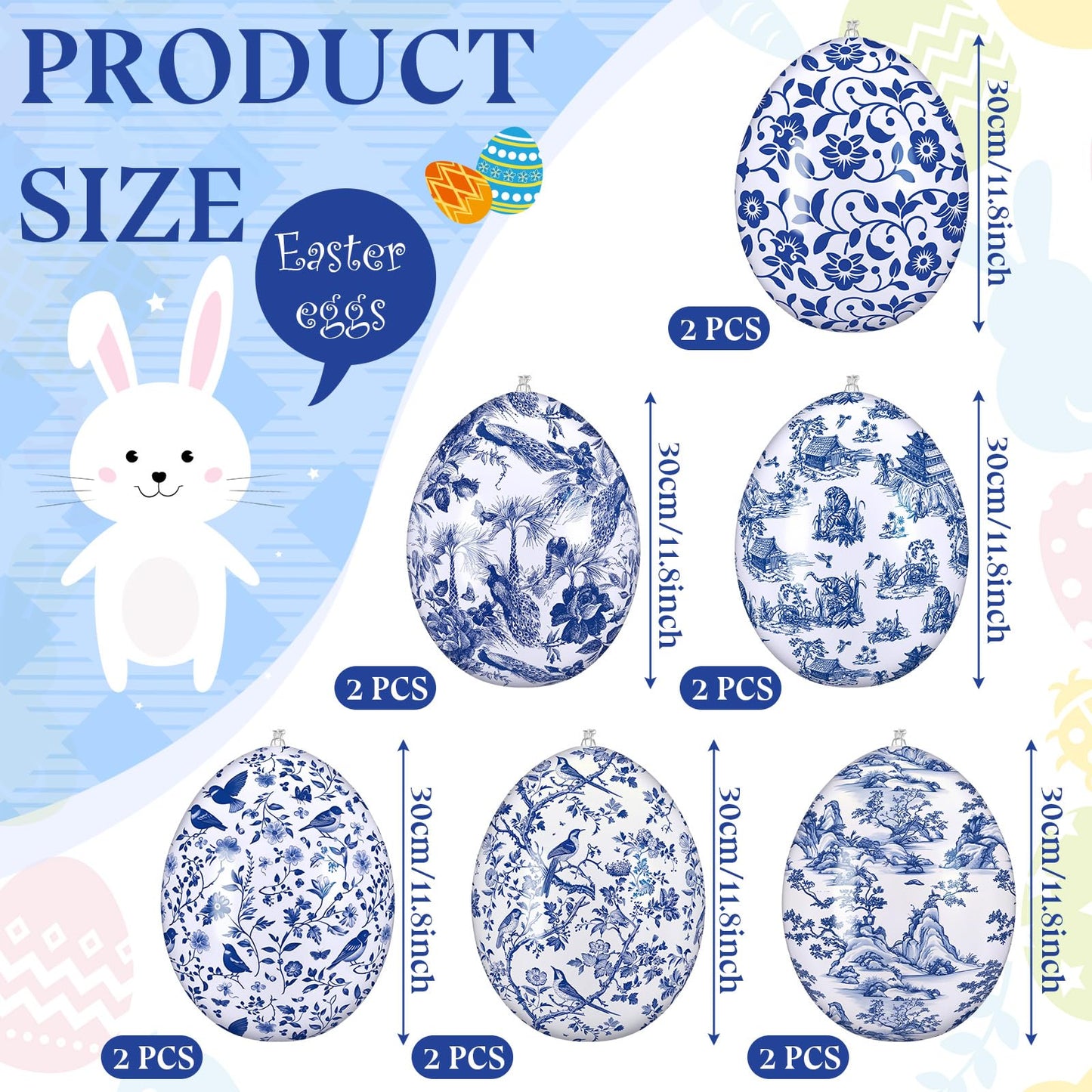 Realspring 12 Pcs 12 Inch Inflatable Blue and White Easter Eggs Decorations Chinoiserie Porcelain Easter Inflatables Outdoor Decor Spring Large Blow up Hanging Egg Ornaments for Holiday Party Supplies