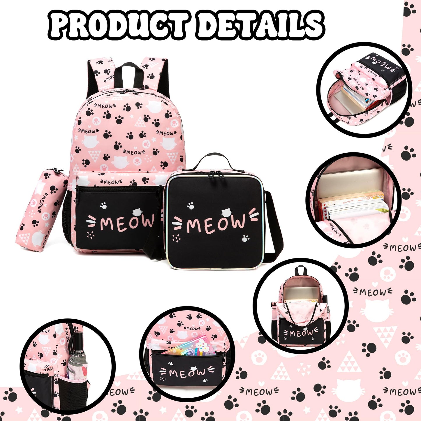 Backpack for School Kids Backpacks for Girls Bookbag Set Backpacks for Teen Girls with Lunch Box Pink Cat Preppy Backpack for School
