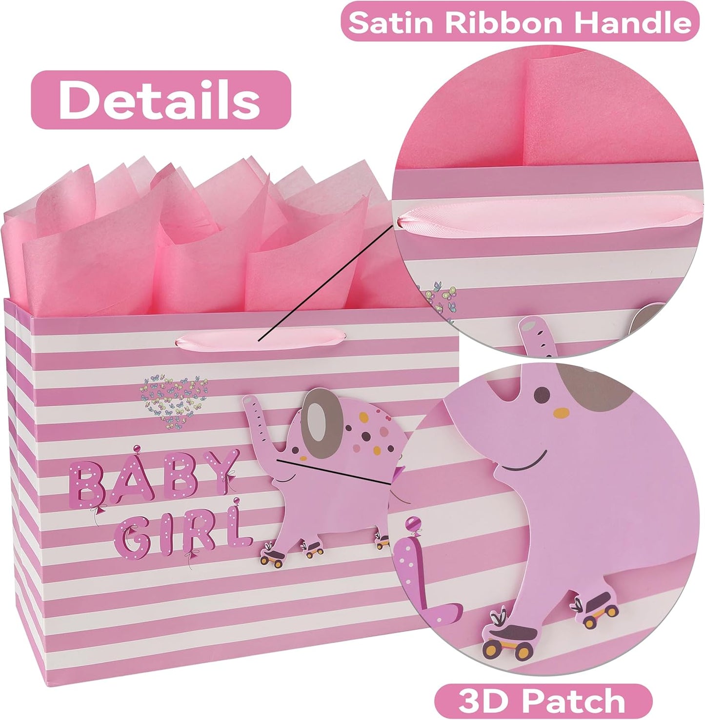 Wishinside 13" Large Pink Gift Bag Set - 3D Elephant Design with Greeting Card & Tissue Paper for Baby Girl, Baby Shower, Kids Birthday Party