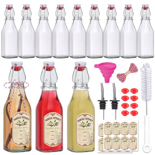 12 Pack 8oz Swing Top Glass Bottles, Square Flip Top Glass Bottles with Airtight Lids for Vanilla Extract, Home Brewing, Kombucha, Vinegar, beer, soda, beverages - Included Complete Brewing Kit