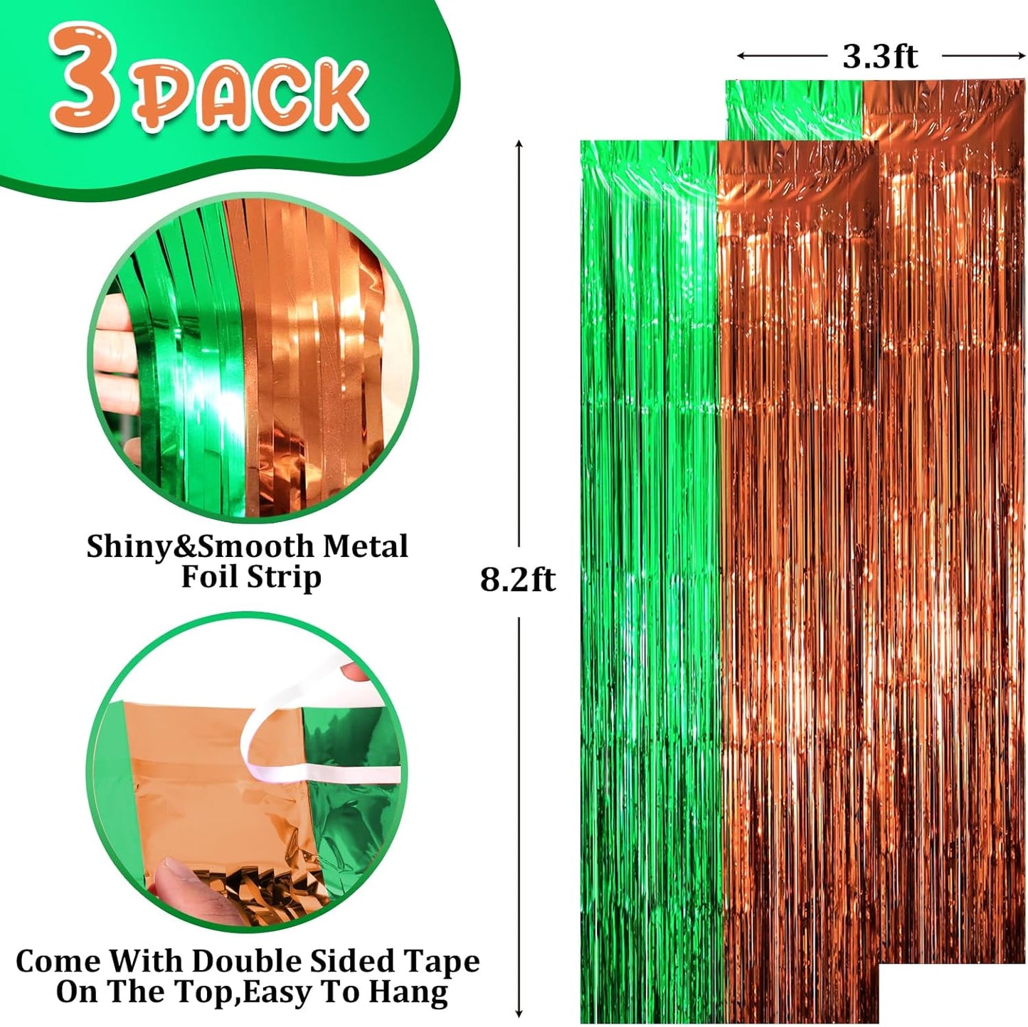 Voircoloria Foil Fringe Backdrop Curtains - 3 Pack of 3.3 x 8.2 ft Green & Brown Tinsel Streamers for Parties