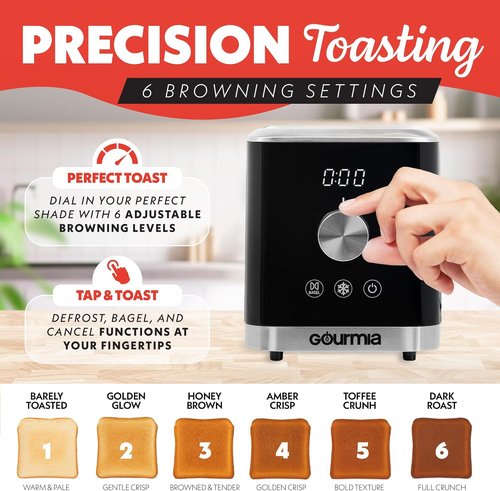 Gourmia 2 Slice Toaster - 6 Browning Levels, Bagel & Defrost Modes, Compact Black Design
