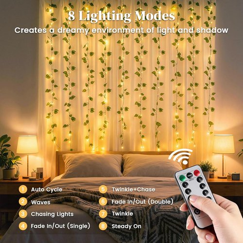 DomeStar 300 LED Fairy Lights with Vines - Remote-Controlled Curtain String Lights for Indoor/Outdoor Decor