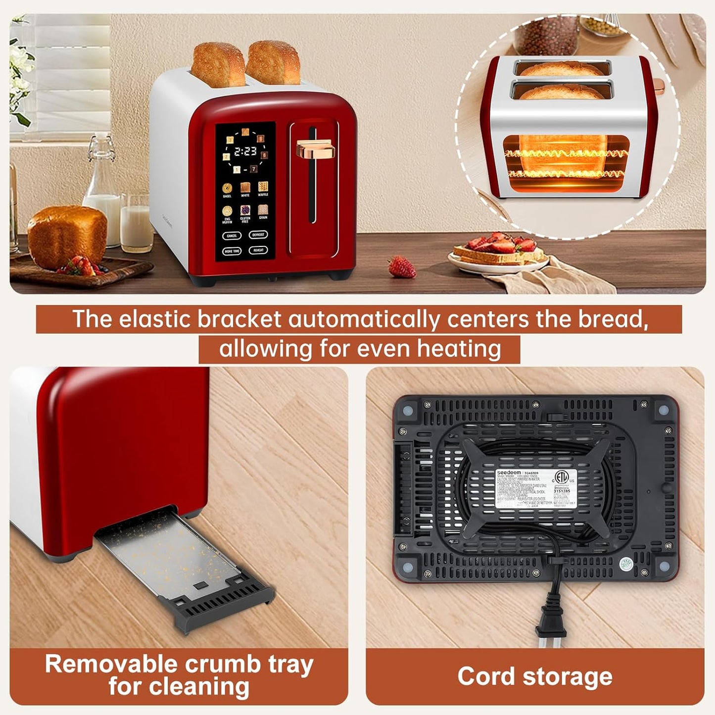 SEEDEEM 2-Slice Toaster - Touch Screen, Fast Heating, 7 Shade Settings, 1.5” Wide Slots, Dark Cherry