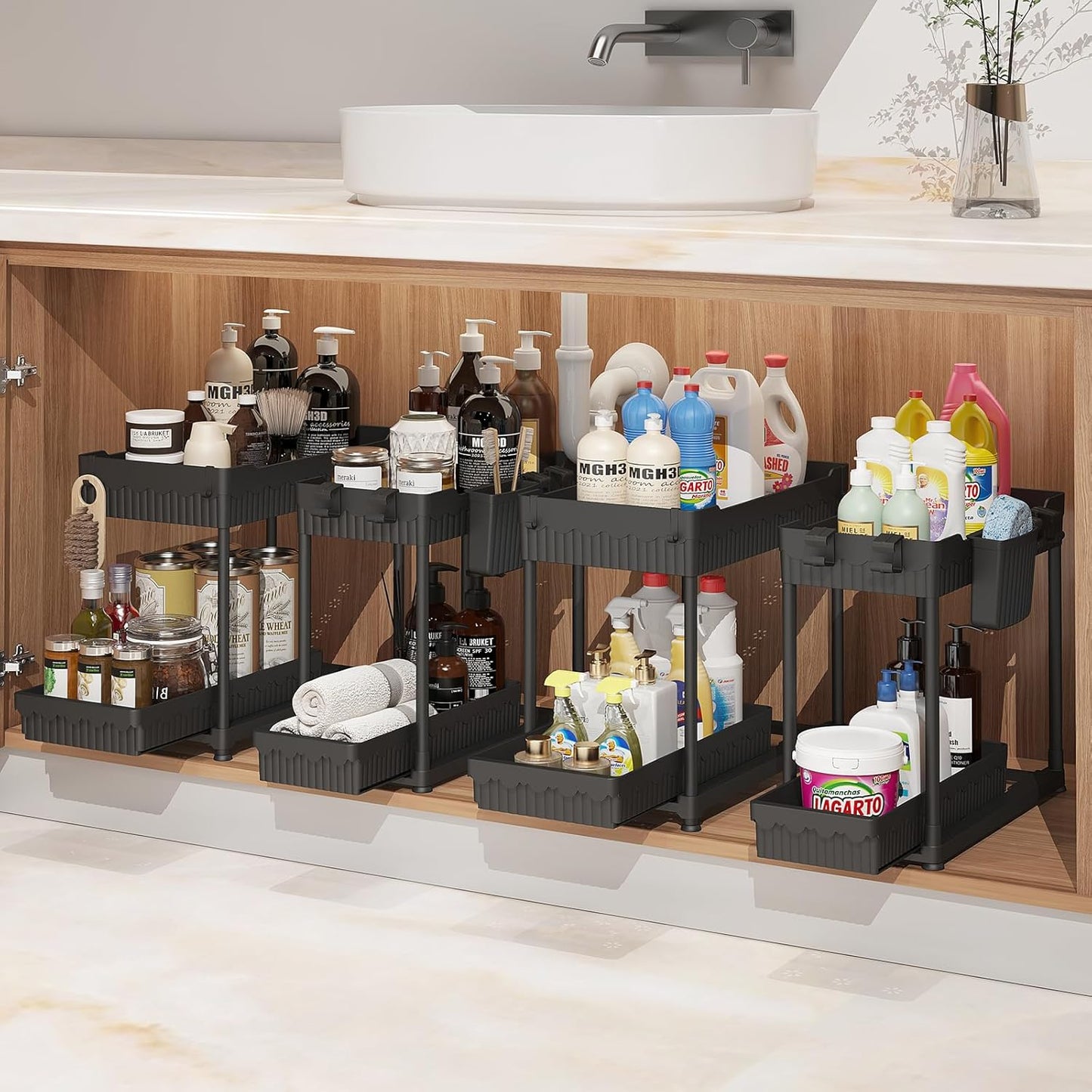 Sevenblue Under Sink Organizer - 2 Tier Multi-Use Pull Out Cabinet Storage with Hooks & Cups | Black, 4 Pack