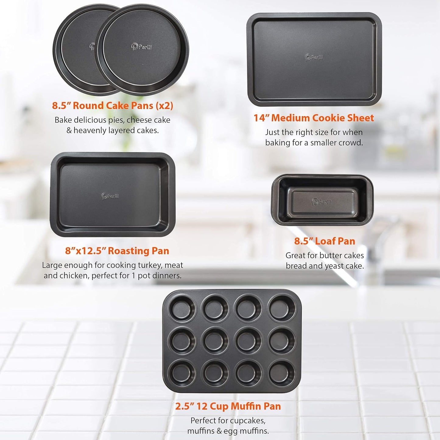 PERLLI Non-Stick Bakeware Set | 6-Piece Carbon Steel for Even Heat Distribution, Oven Safe to 446°F, BPA-Free, Dishwasher Safe - Gray