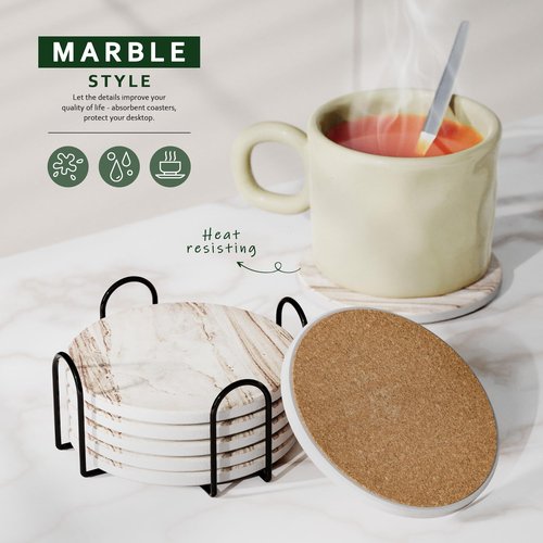 Coasters Set of 6 for Drinks, Beer, Coffee, Coasters for Drinks Absorbent Stone with Holder, Marble Style Ceramic Drink Coaster for Tabletop Protection and Home Decor, Suitable for Kinds of Cups