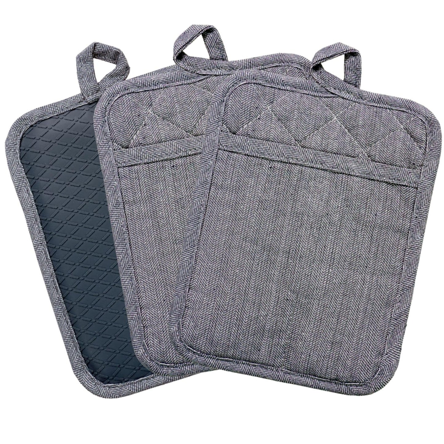 Pot Holders Yarn-Dyed Set of 3 Non Slip Silicone Kitchen Lines Heat Resistant 500℉ Kitchen Gloves BBQ Cooking Baking Women Men Cooking Barbecue Microwave Machine Washable (Gray Potholders)