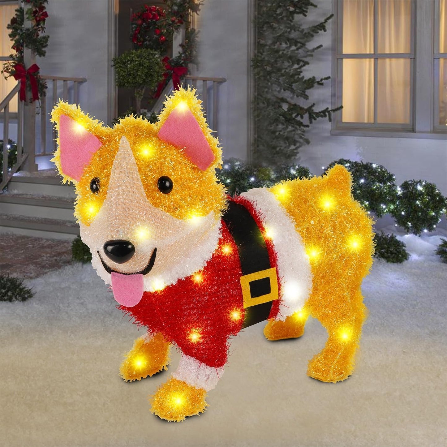 WATERGLIDE 17-Inch Lighted Christmas Dog Decoration - Pre-Lit 3D Tinsel Puppy for Indoor & Outdoor Holiday Decor