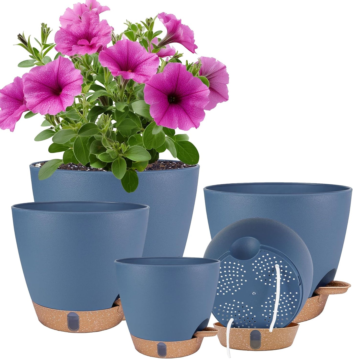 Skiennix Self-Watering Pots - Decorative Plastic Planters with Drainage & Water Level Indicator | 5-8 Inch Navy Blue