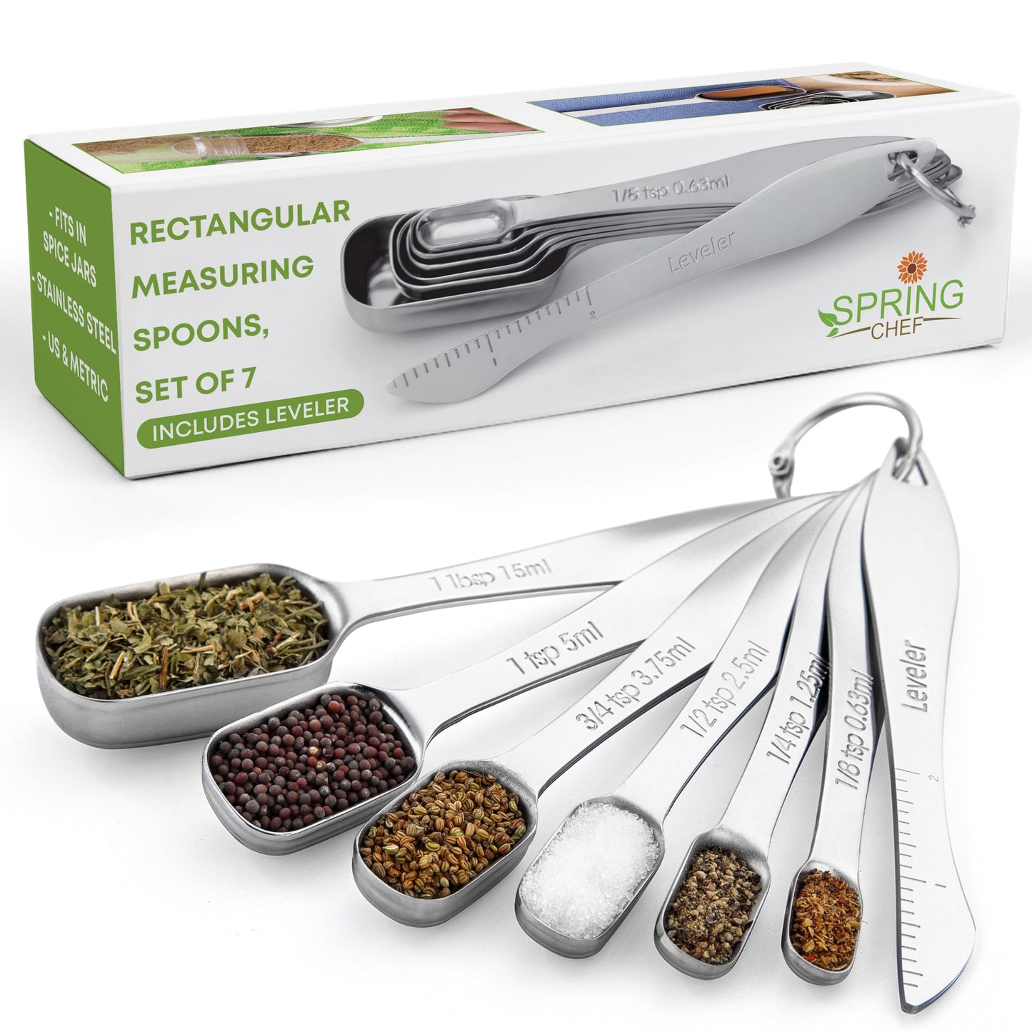 Spring Chef Stainless Steel Measuring Spoons Set of 7 with Leveler, Rectangular Metal Teaspoon & Tablespoon Measuring Spoons for Dry & Liquid Ingredients - Nesting Kitchen Gadgets For Baking & Cooking