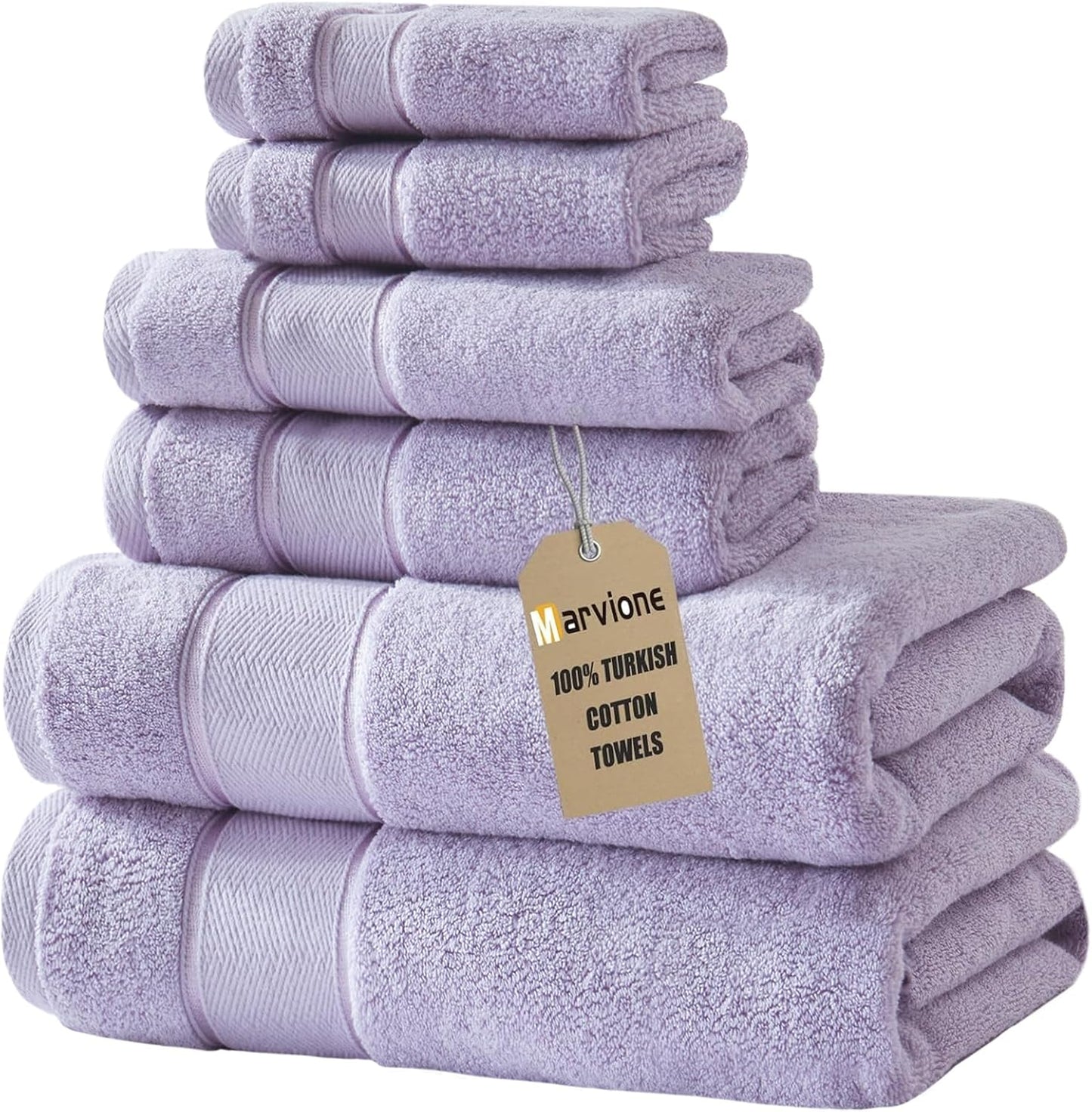 Marvione 6-Piece Bath Towel Set - 100% Turkish Cotton, Highly Absorbent & Soft - Lavender Color