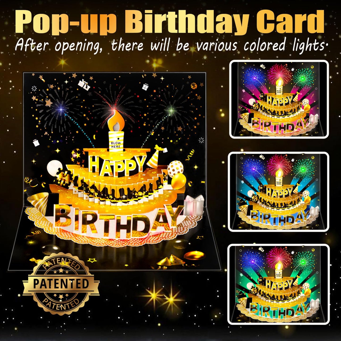 Bevbovcard Pop Up Birthday Cards for Men - LED Light & Music with Blow The Candle, 3D Balloons, Singing Happy Birthday gifts Card for Husband - Women, Kids, Son, Her, & Dad