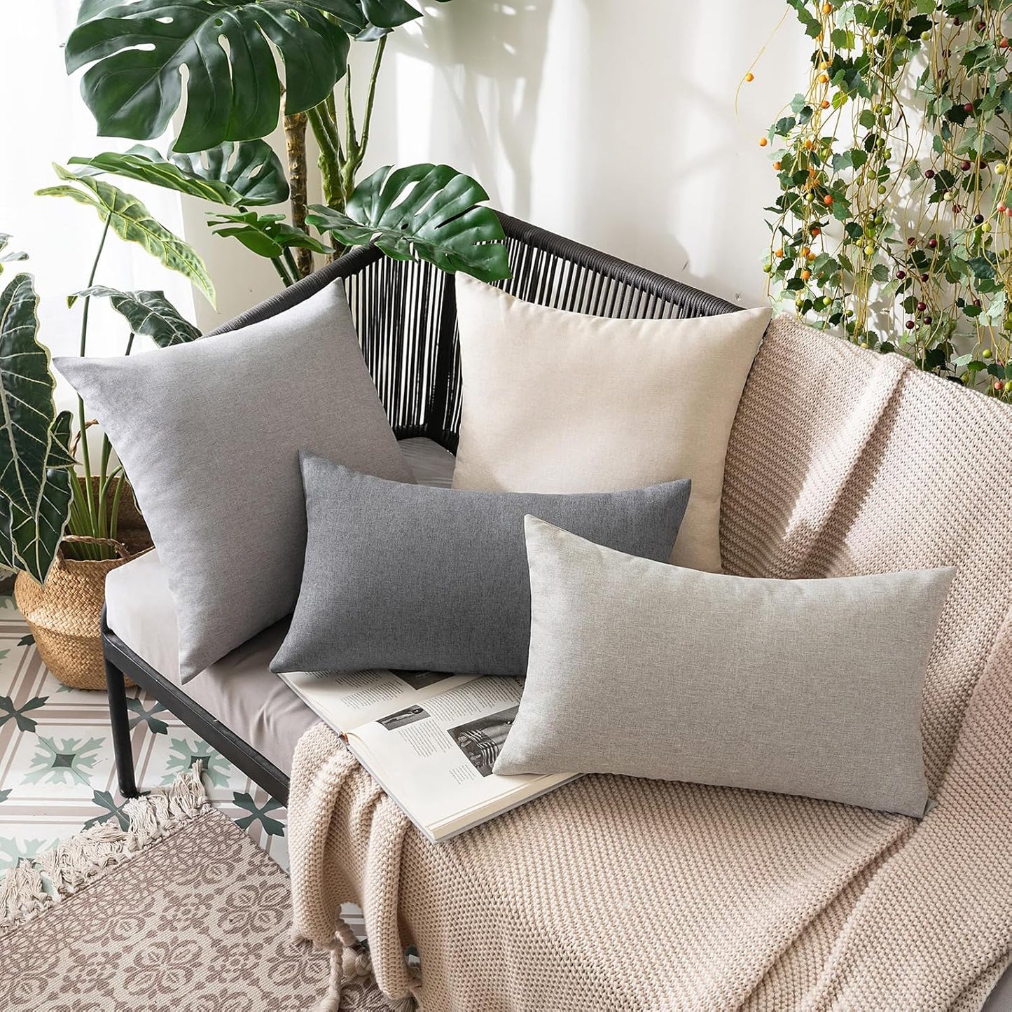 MIULEE Decorative Outdoor Throw Pillow Covers - Waterproof Faux Linen Cushion Cases | 16x16 Inch Light Grey (Pack of 2)