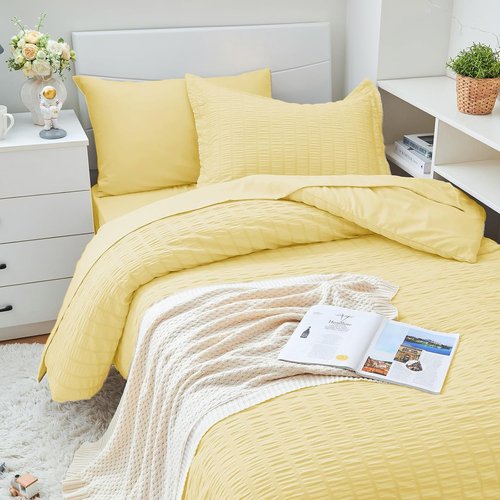 HYMOKEGE Twin XL Comforter Set - Luxury 5-Piece All-Season Bedding in Yellow Seersucker