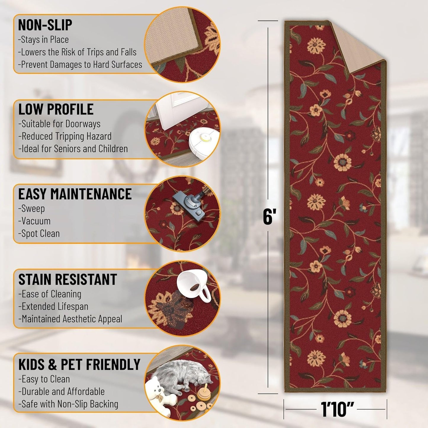 Ottomanson Hallway Runner Rug - Non-Slip Floral Design | Easy to Clean 1'10" x 6' Red Carpet for Entryway & Living Room