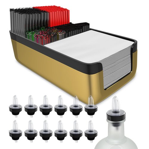 Esatto Professional Bar Products Premium Bar Caddy (Gold), Used to Easily Organize Bar Items and Workspace, With Additional 12 Pourers For Precision Pouring and 12 Pourer Covers
