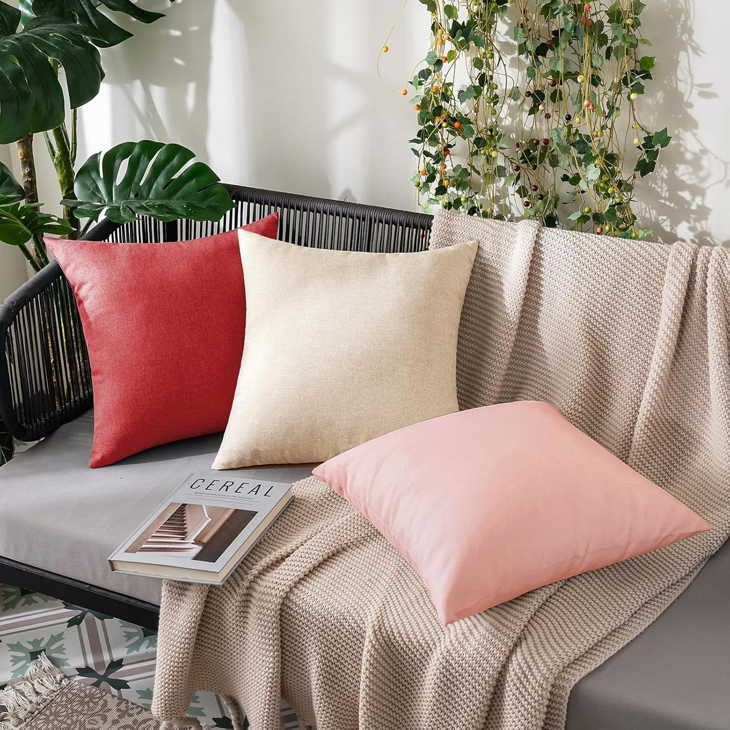 MIULEE Decorative Outdoor Throw Pillow Covers - Waterproof Faux Linen Cushion Cases | 20x20 Inch Light Pink (Pack of 2)