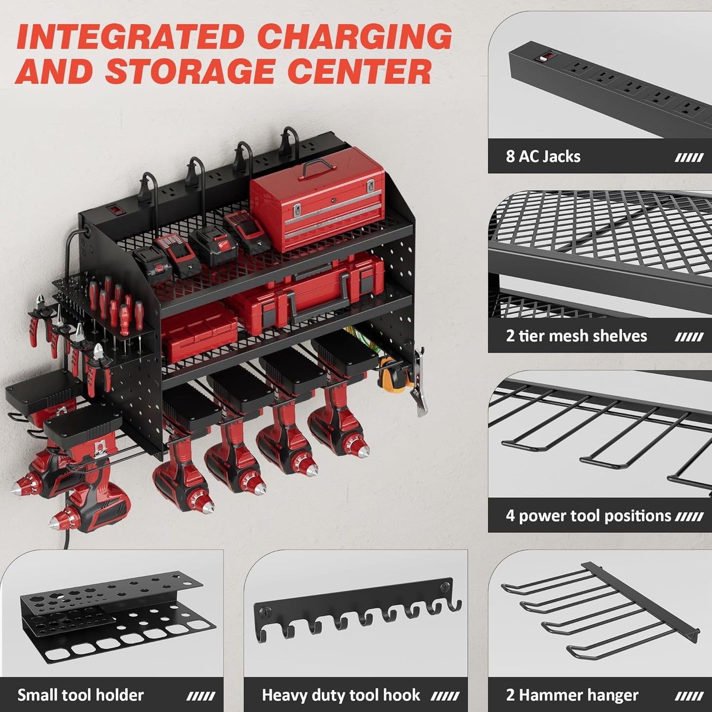 Power Tool Organizer - Wall Mount Charging Station with 8 Outlets | Heavy-Duty Metal Rack, 23-Inch 3-Tier Shelves for Garage Storage