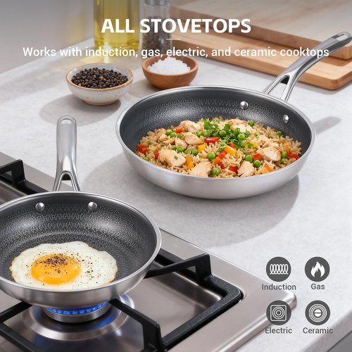 Ammeloo Hybrid Tri-Ply Stainless Steel Frying Pan Set, 8"/9.5"/11" Cooking Pans, Non Stick Frying Pans and Skillets, Chef Pan, Non Toxic, Dishwasher Safe, Induction Compatible, Black Interior