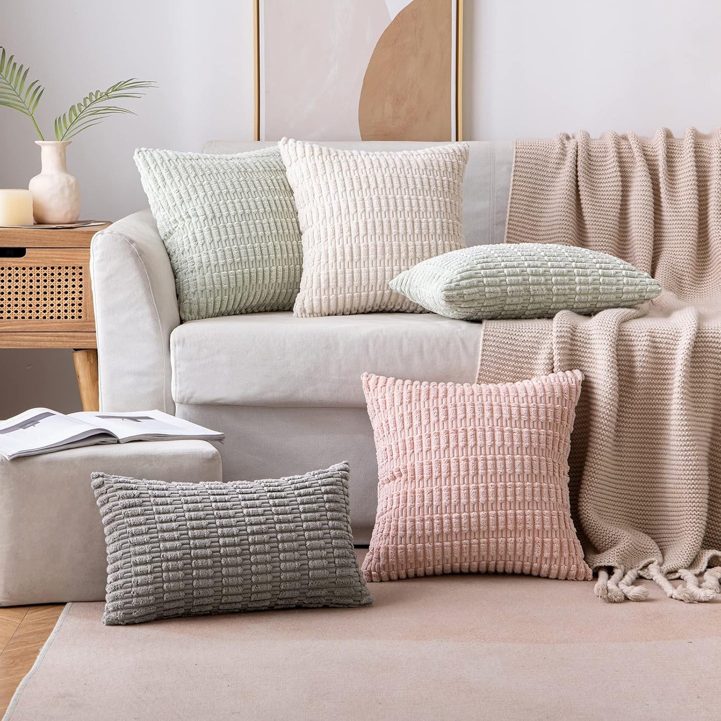 MIULEE Corduroy Throw Pillow Covers - Soft Boho Striped Design | 18x18 Inch Cream White for Modern Home Decor