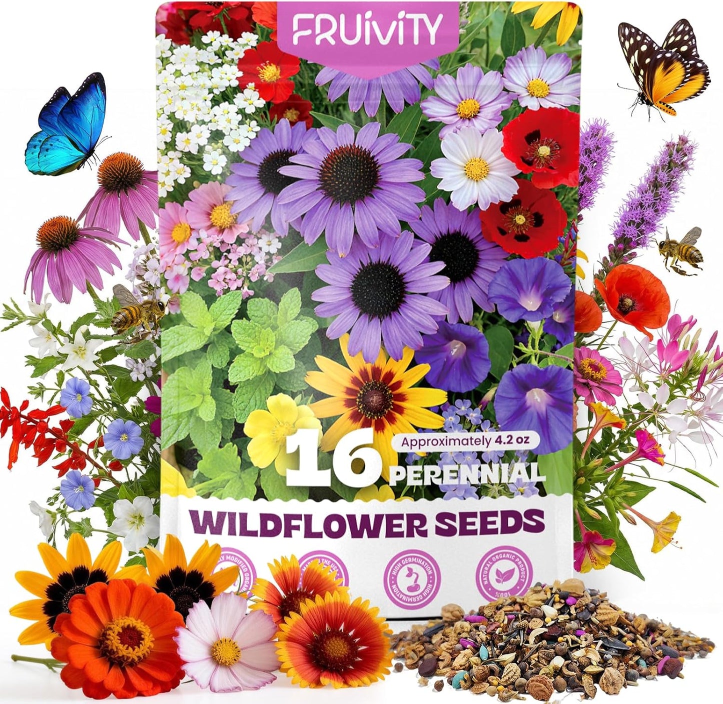Wildflower Seeds Bulk by [Brand Name] - 200,000+ Non-GMO Heirloom Seeds Mix | 16 Varieties for Pollinator Garden