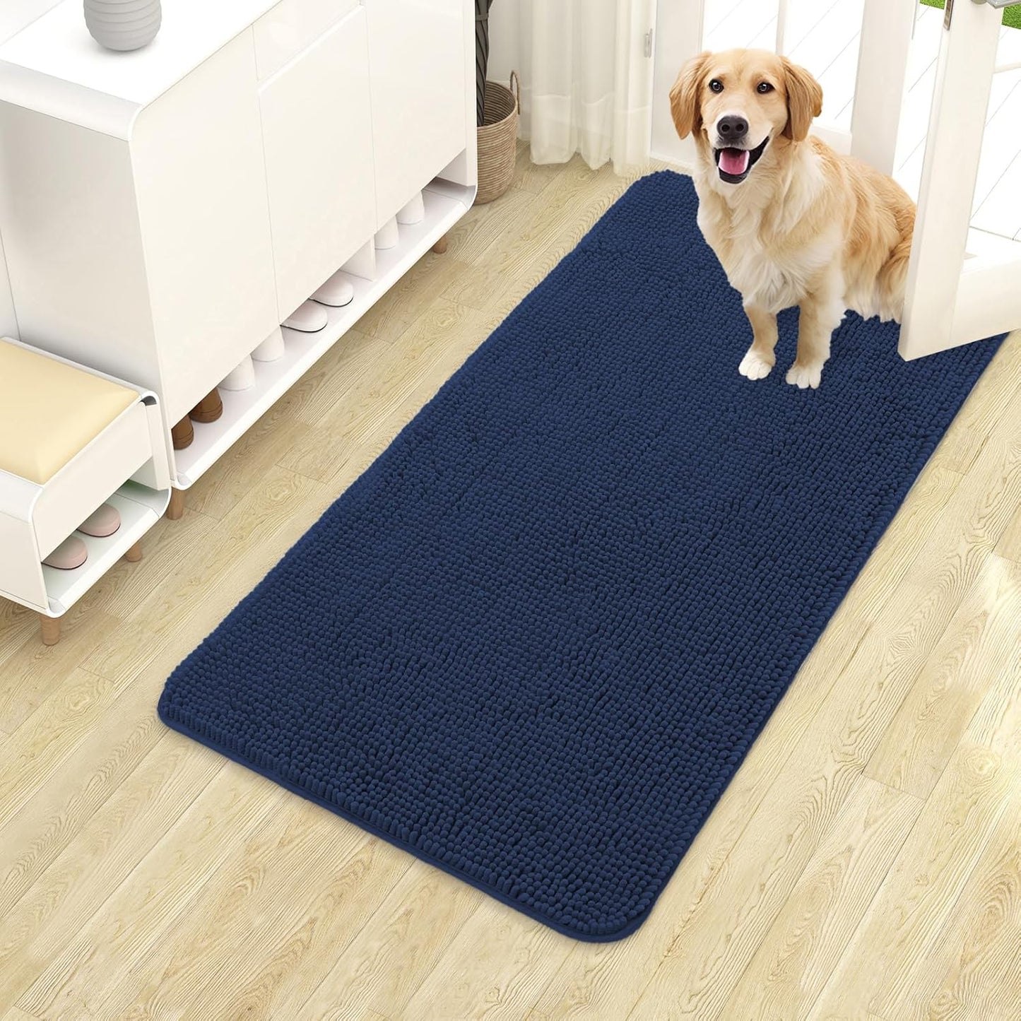 OLANLY Dog Door Mat - Absorbent Non-Slip Chenille Mat for Muddy Paws | 40x24 Dark Blue, Quick Dry
