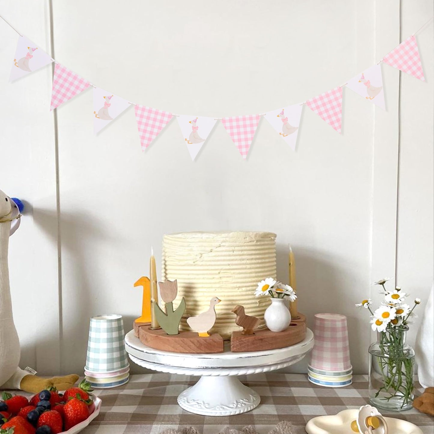 One Silly Goose Birthday Banner - Silly Goose Party Decorations,Baby Shower Gingham Banner,Fabric Bunting First/1st Birthday (pink)