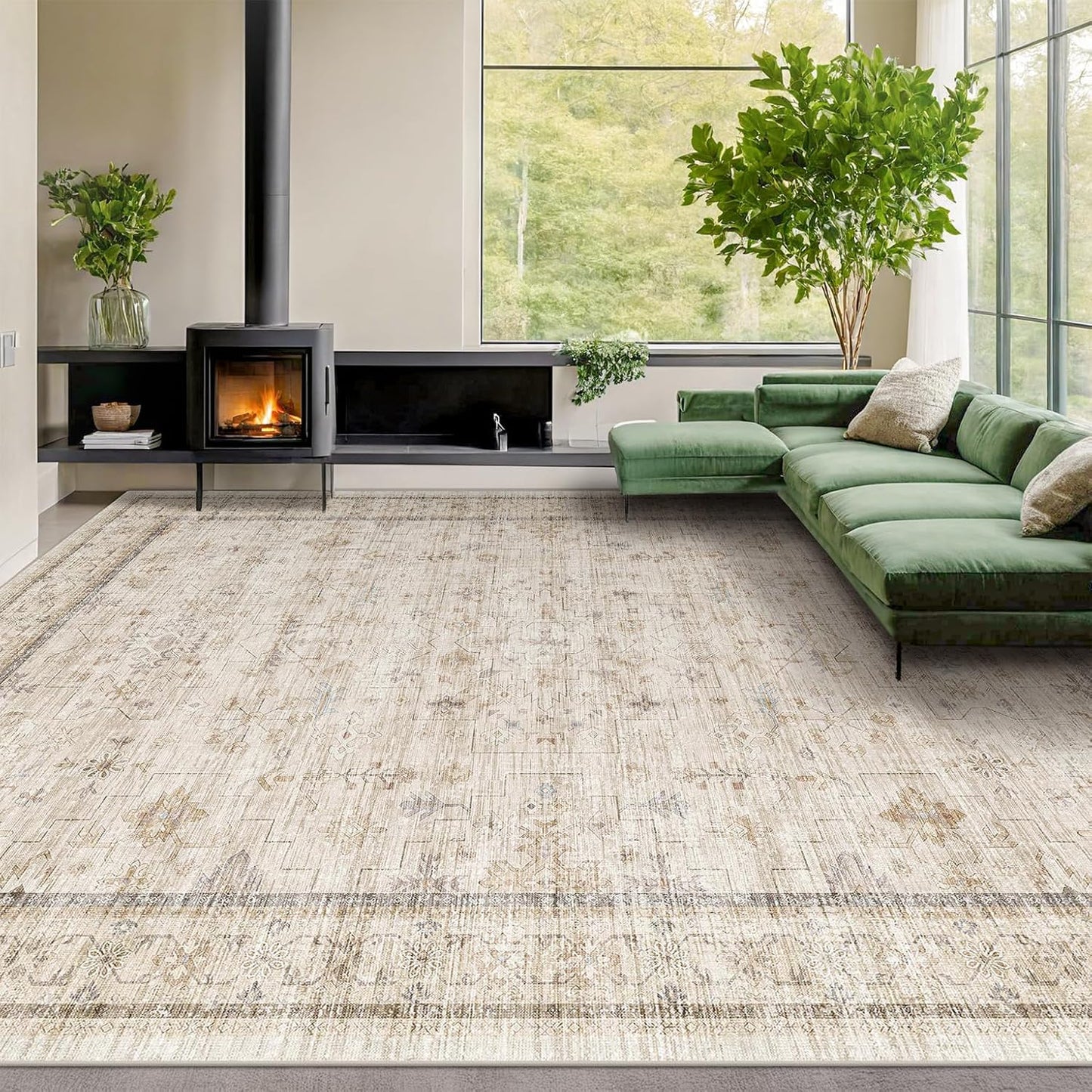 Regine Switzerland Washable Floral Area Rug - Stain Resistant, Foldable Design | 10x14 ft, Light Beige