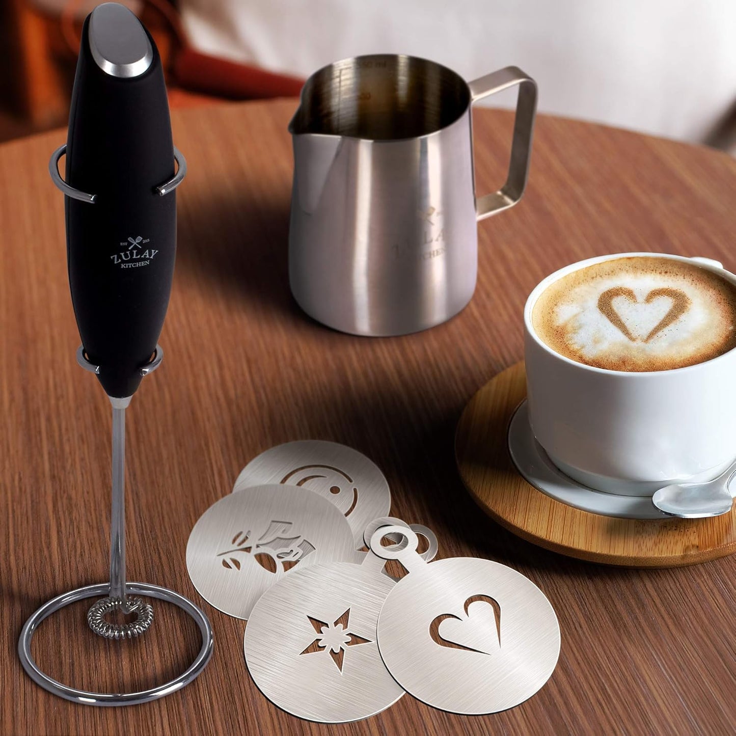 Zulay Premium Milk Frother Set - Handheld Coffee Frother with Stand & 12oz Pitcher | 13,000 RPM Motor, 4 Stencils