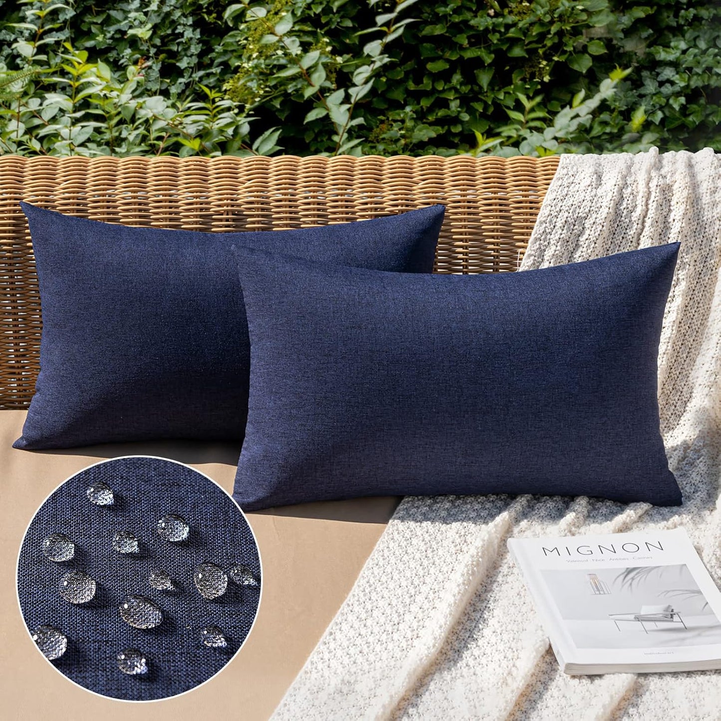 MIULEE Decorative Outdoor Throw Pillow Covers - Waterproof Faux Linen Cushion Cases | 20x12 Inch Navy (Pack of 2)