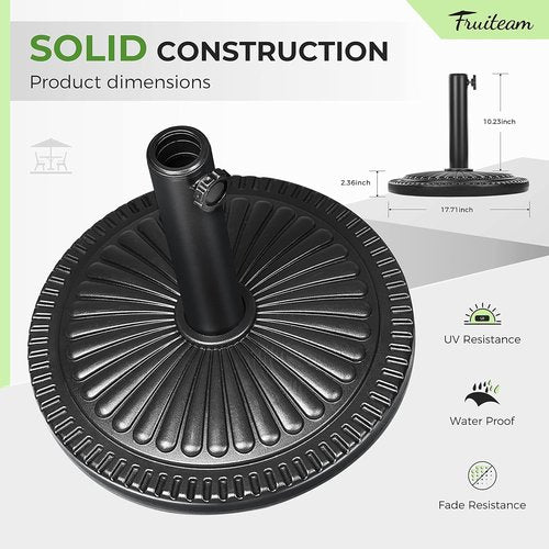 FRUITEAM 15" Round Patio Umbrella Base - Heavy Duty Pre-Filled Stand for Outdoor Use | Black Sun-Flower Pattern