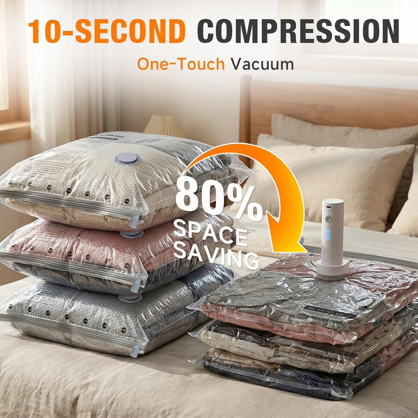 Space Saver Vacuum Storage Bags - Portable Electric Pump Included | Compression Bags for Travel & Home, 15 Combo (5L/5M/5S)